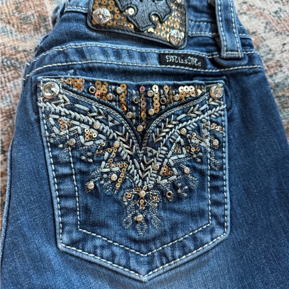 Miss Me Blue Jeans with Gold Sequin & Silver Embroidery Back Pocket